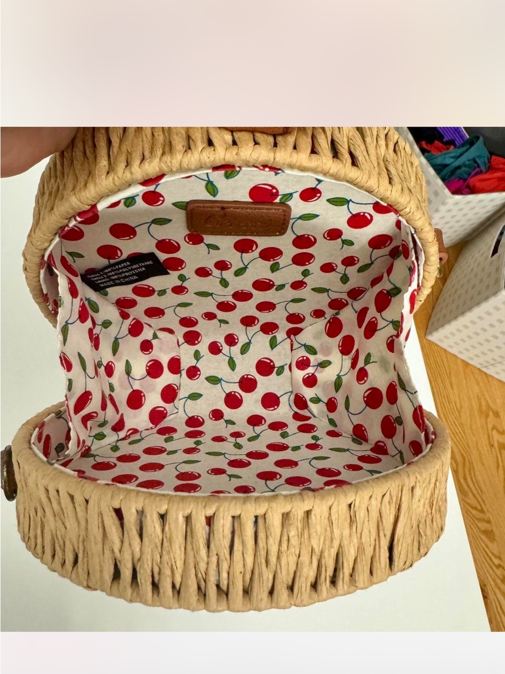 NEW Straw Woven Bucket Bag with Cherry Lined Interior